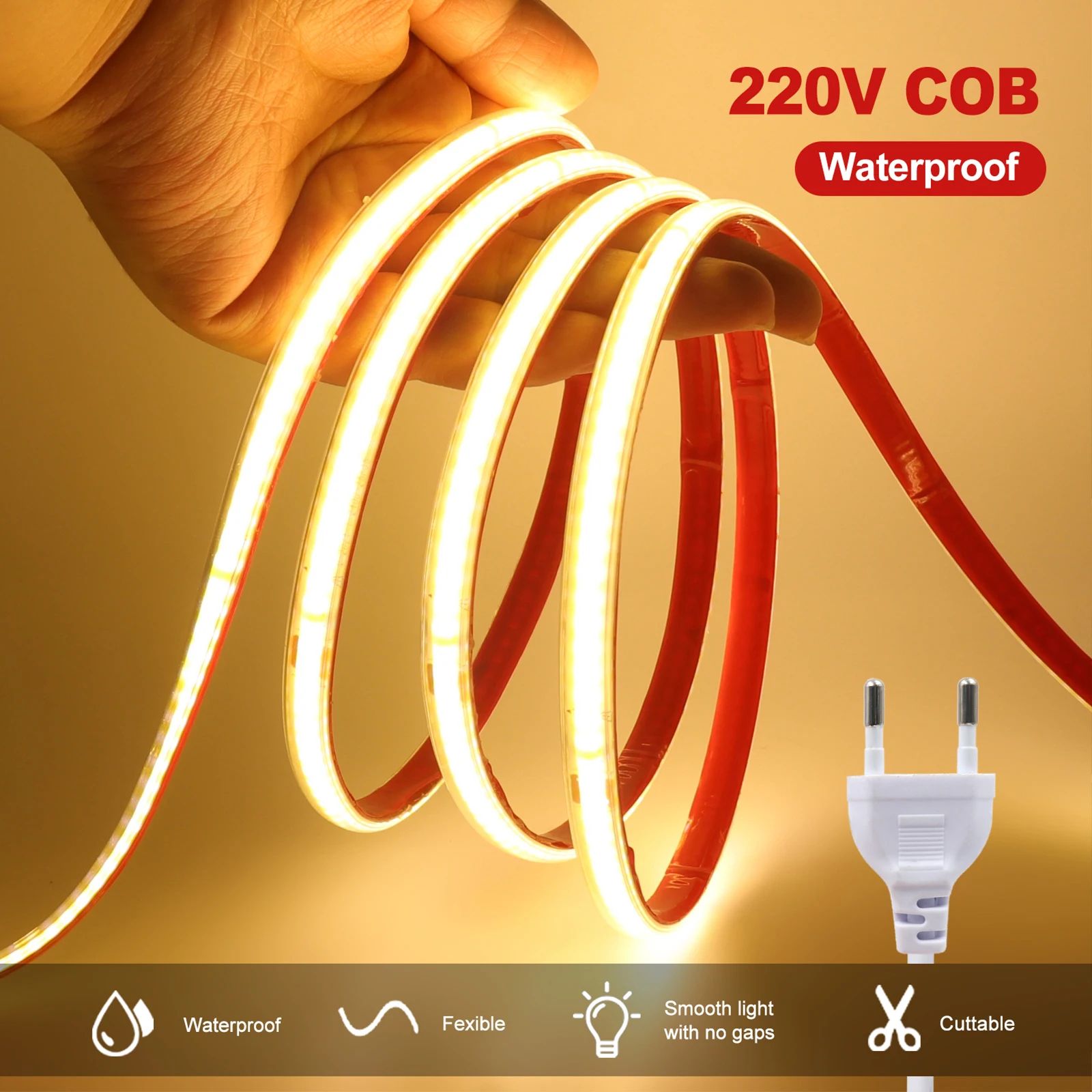 220V Waterproof COB LED Strip Light 240 LEDs/M Cuttable Flexible Lighting