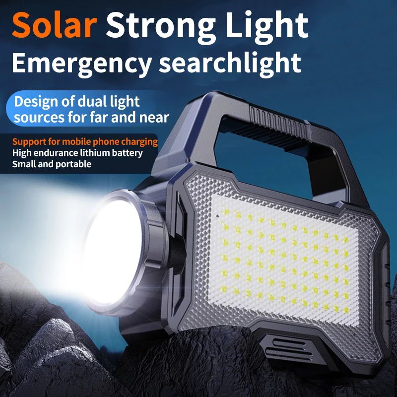 Solar Rechargeable LED Searchlight with COB Side Light and Power Bank