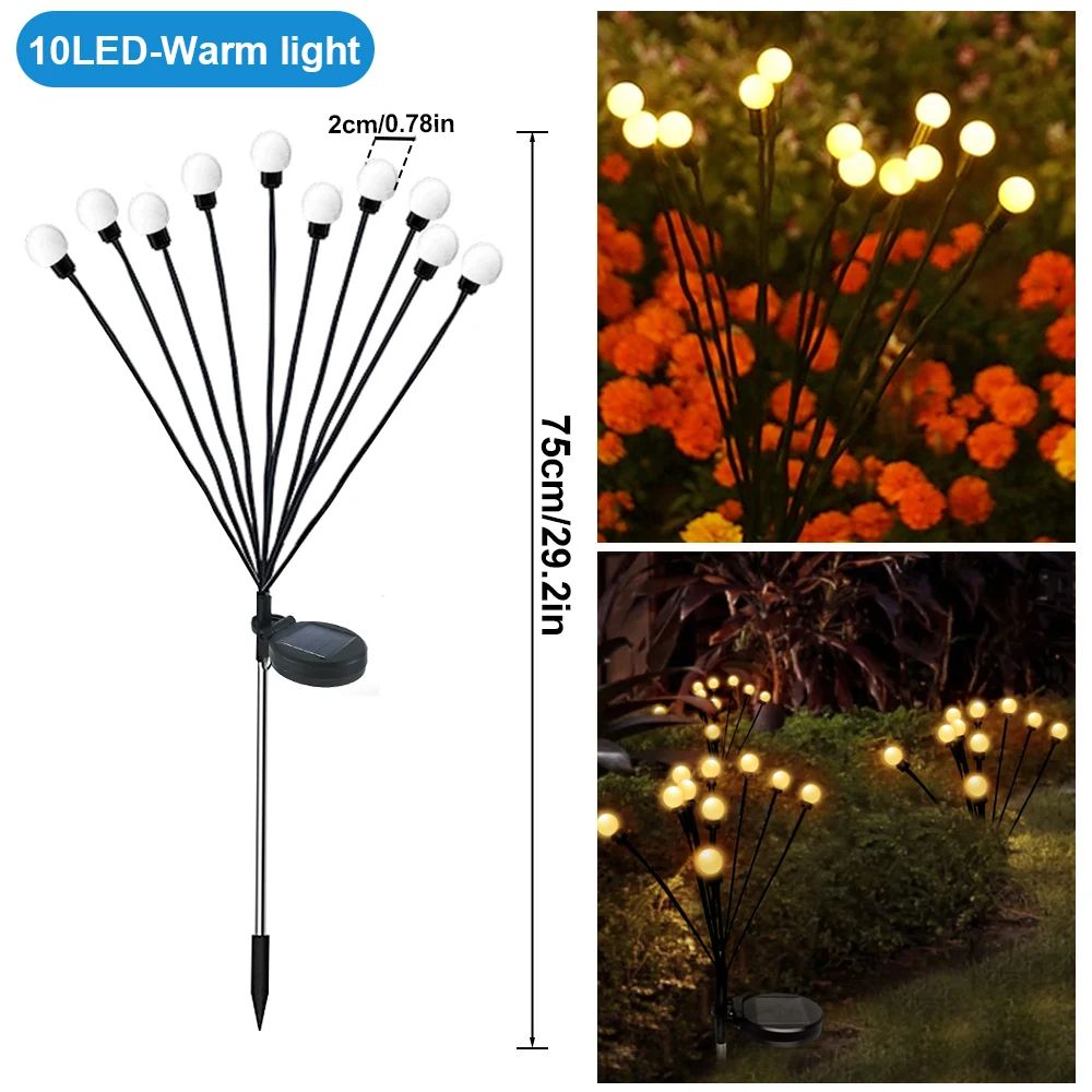 Solar Firefly Garden Lights 8 or 10 LED Swaying Waterproof Outdoor Stake Light