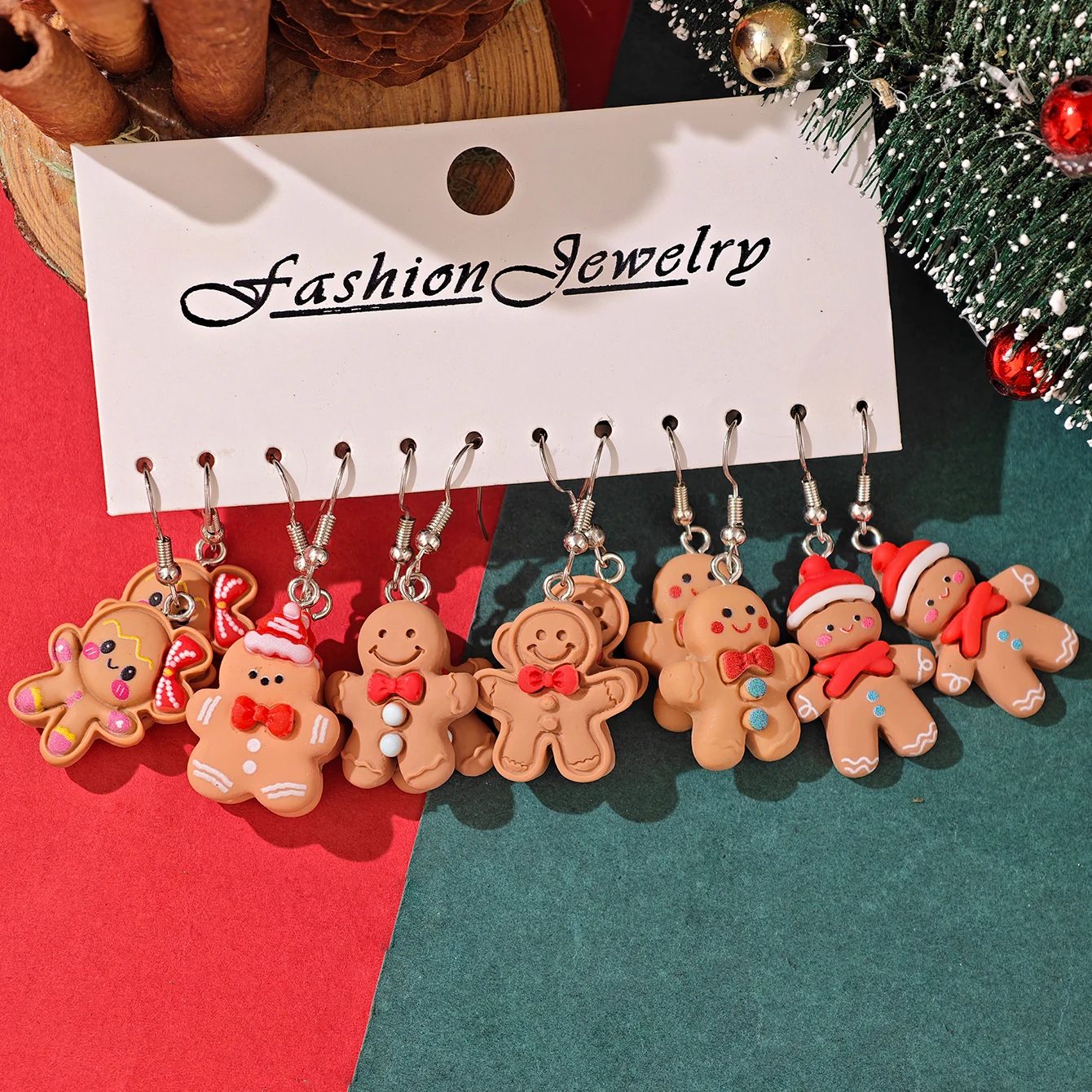 Cute Christmas Resin Dangle Earrings Set - Gingerbread, Santa, Tree and Penguin Holiday Jewelry