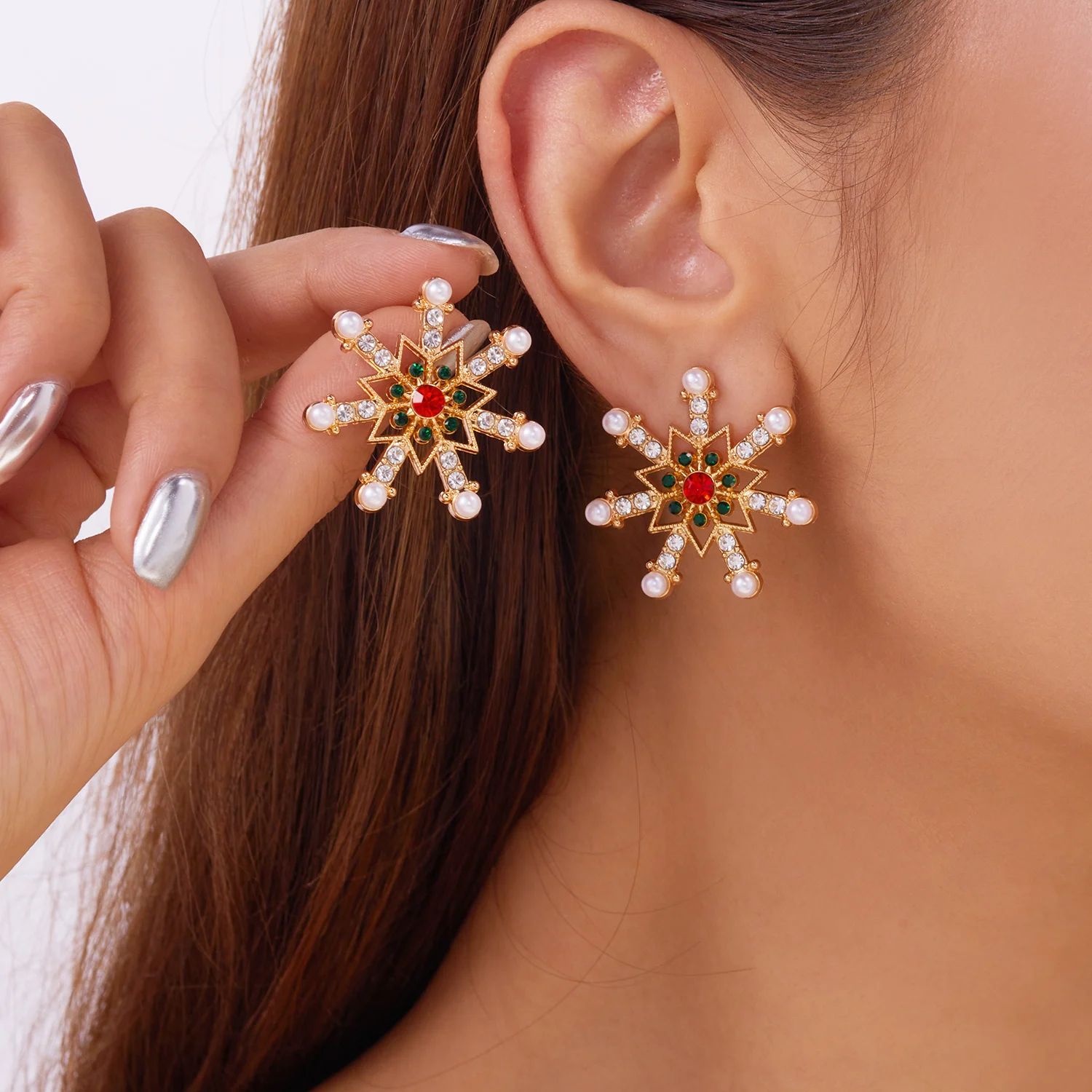 Christmas Snowflake Stud Earrings with Crystal Zircon and Pearl Dangle
