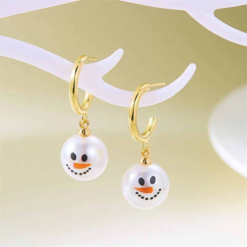 White Pearl Snowman Drop Earrings with Rhinestone Snowflake Christmas Design