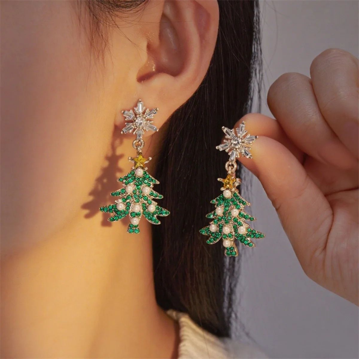Christmas Rhinestone Pearl Snowflake Tree Star Bell Drop Earrings