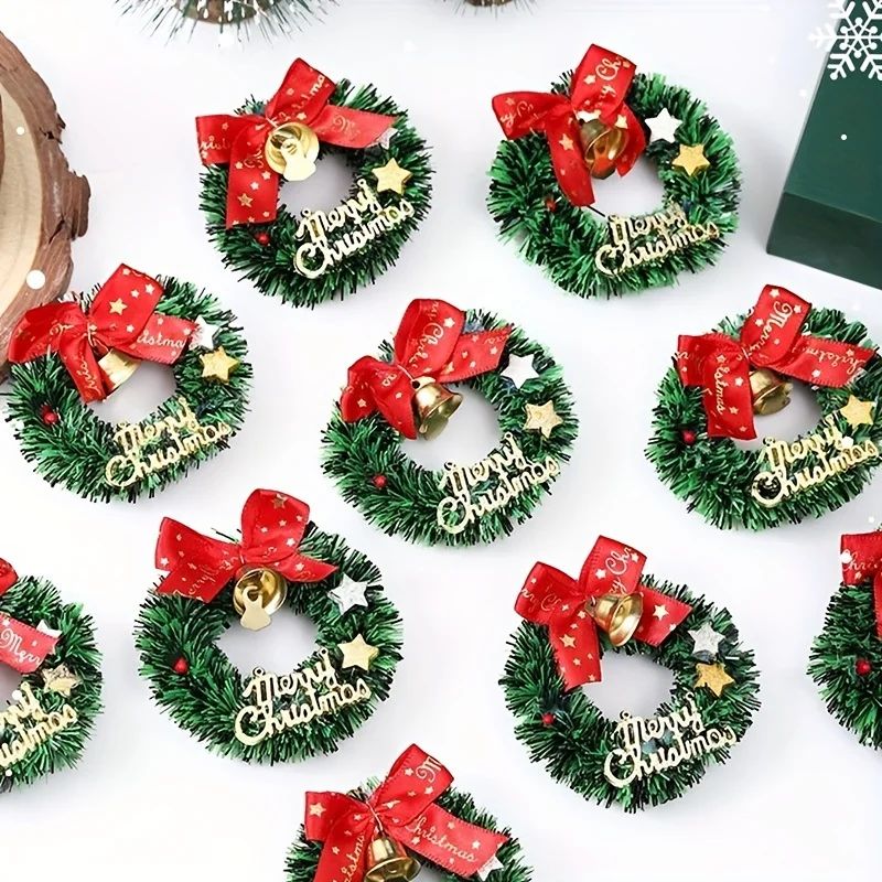 10PCS Mini Christmas Wreath Ornaments with Red Bows and Gold Bells