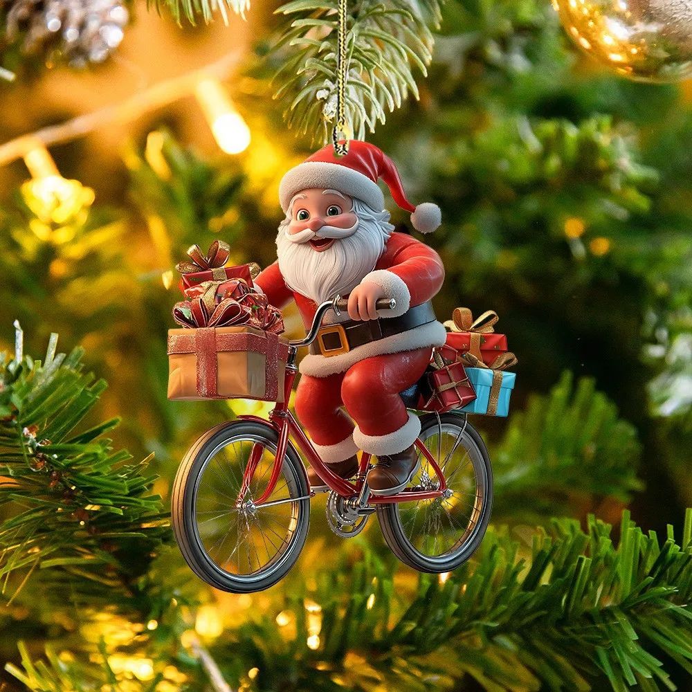 Santa Claus Bicycle Acrylic Christmas Ornament Hanging Decoration