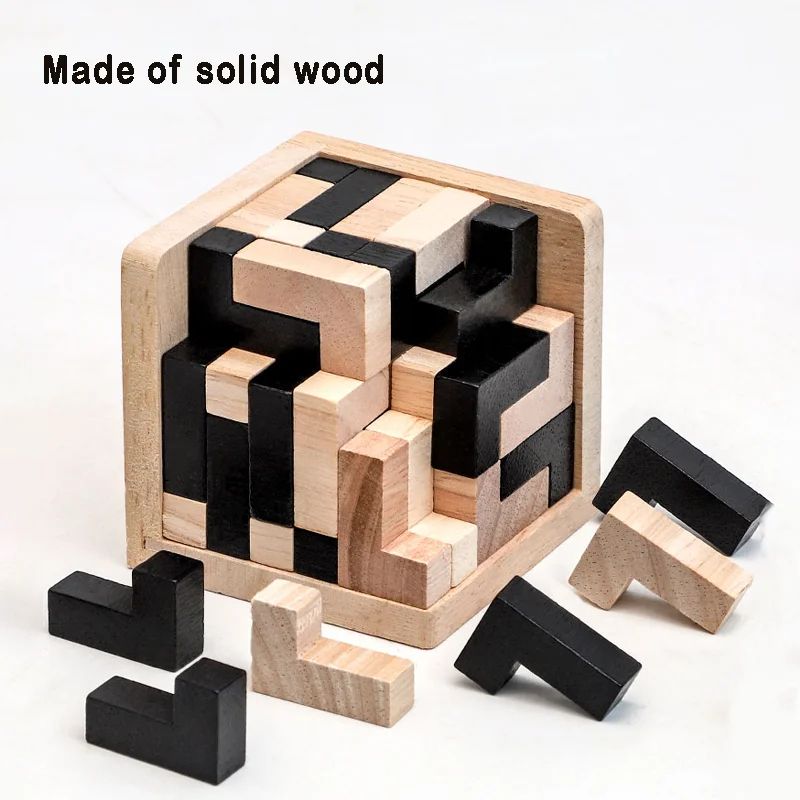 54-Piece Wooden 3D Cube Puzzle Brain Teaser and Educational Logic Game