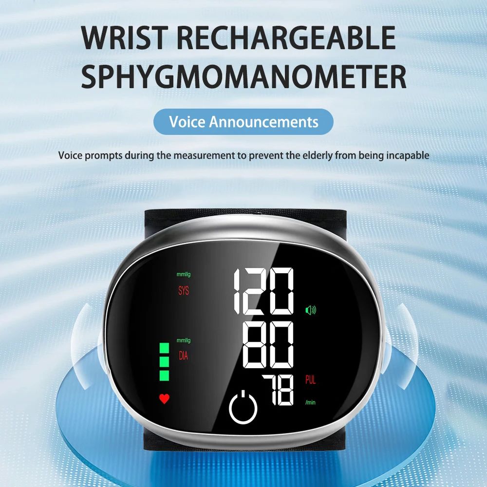 Rechargeable Digital Wrist Blood Pressure Monitor with Voice and Heart Rate Tracking