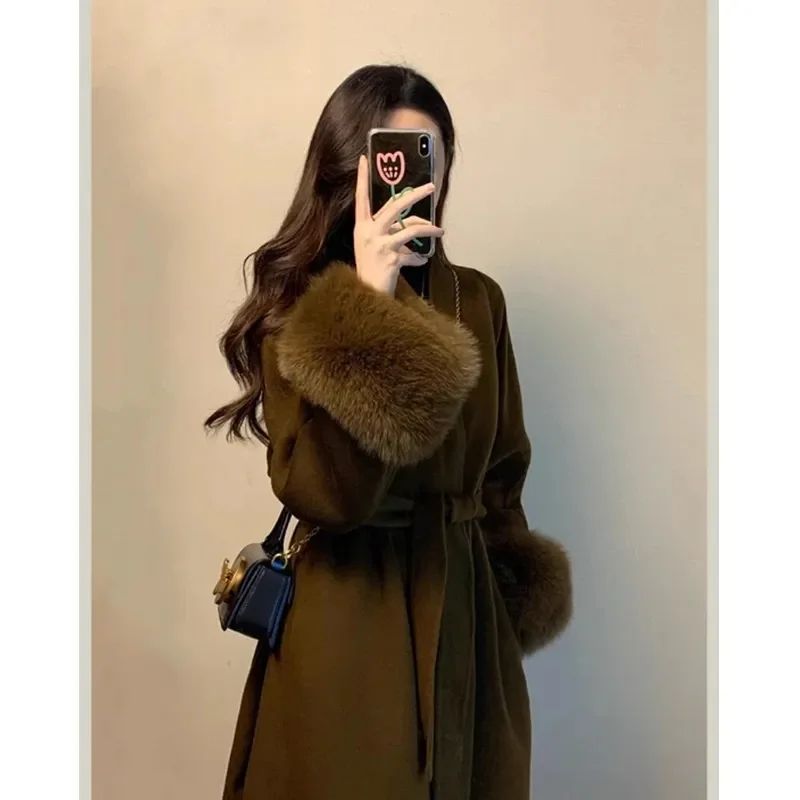 Elegant Women's Long Wool Blend Coat with Belt - Warm Winter Trench Outerwear