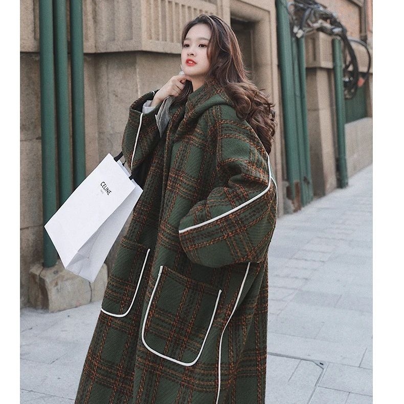 Women's Oversized Hooded Wool Blend Plaid Patchwork Long Winter Coat