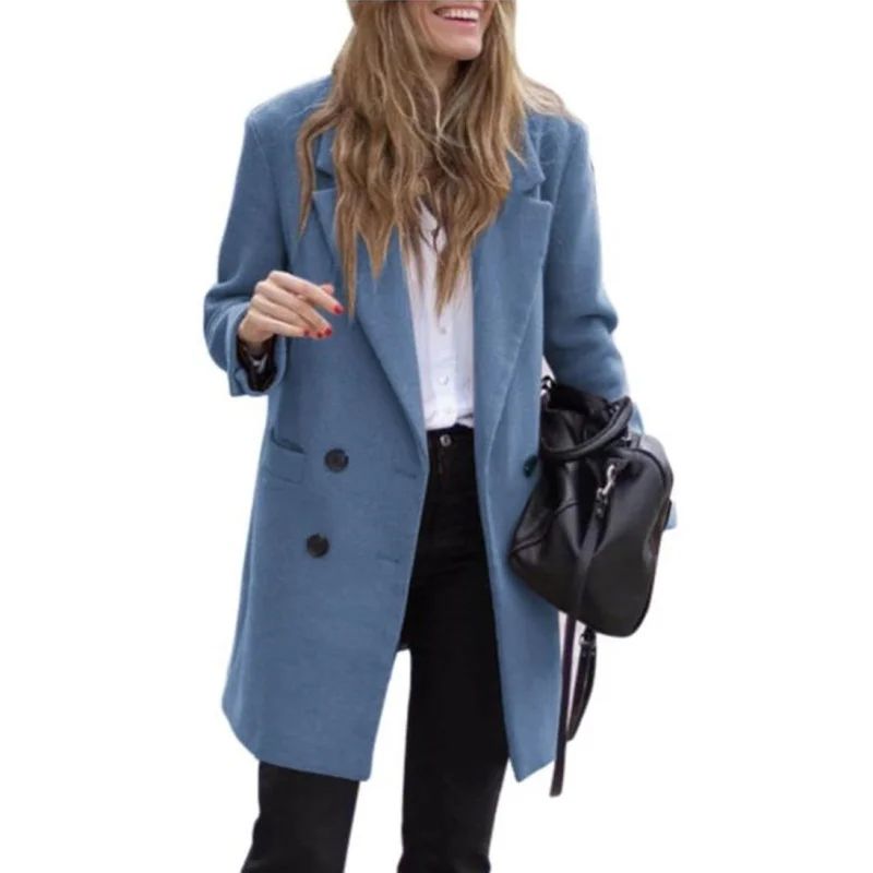 Women's Warm Wool Blend Double Breasted Winter Coat with Turn-Down Collar