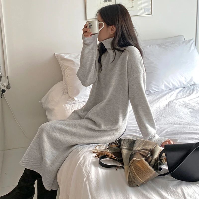 Women's Oversized Turtleneck Sweater Dress - Thick Knit Long Sleeve Winter Dress
