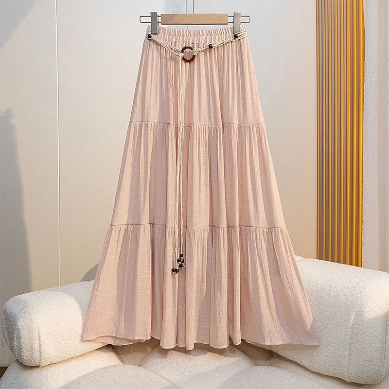 Women's Boho Cotton Linen Midi Skirt Flowy A-Line Pleated Summer Skirt