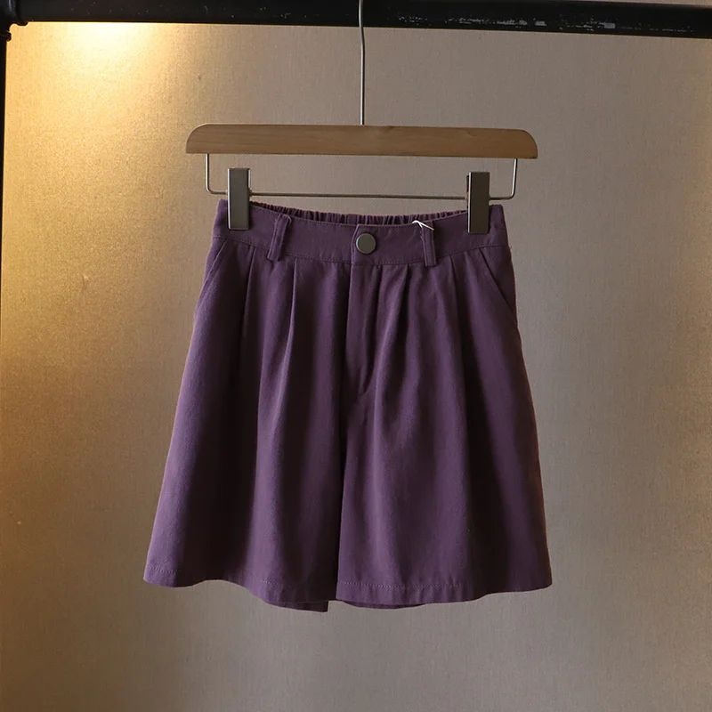 Women's High Waist Washed Cotton Shorts - Loose Wide Leg Summer Casual Pants