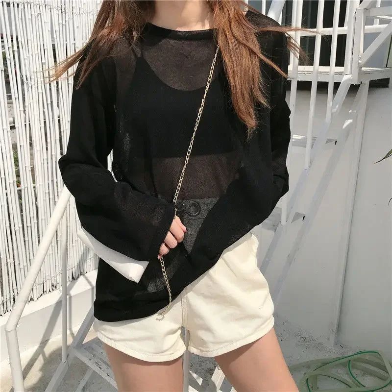 Women's Sheer Long Sleeve T-Shirt Lightweight Loose Fit Korean Style Summer Top