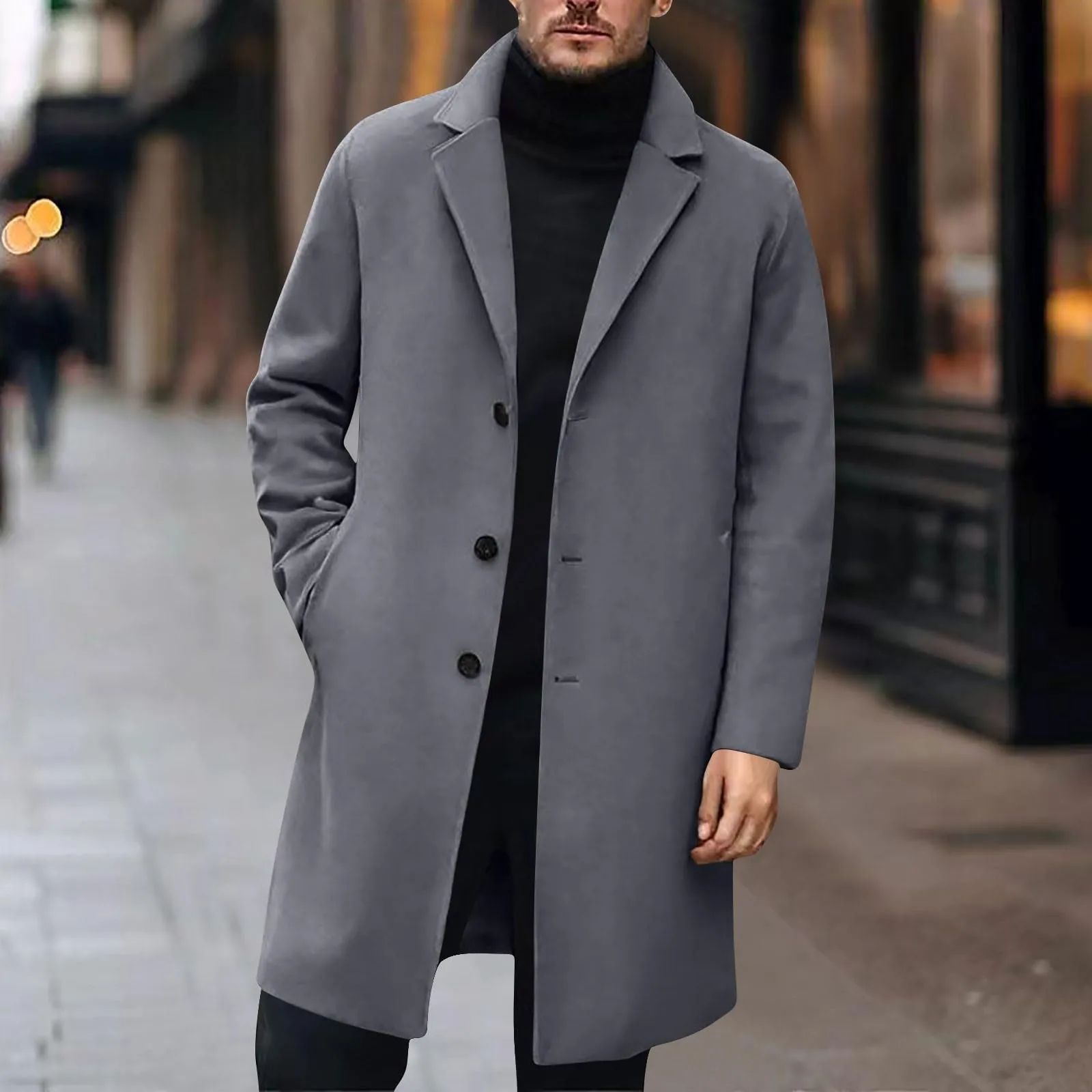 Men's Classic Wool Blend Pea Coat - Stylish Solid Color Winter Trench Jacket