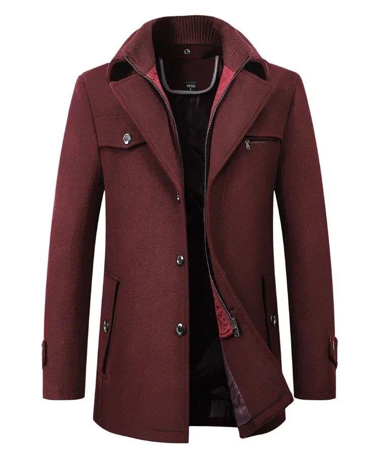 Men's Double Collar Woolen Pea Coat for Autumn and Winter
