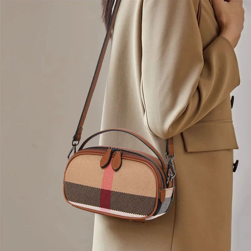 Women's Small Plaid Canvas Crossbody Bag - Casual Shoulder Handbag