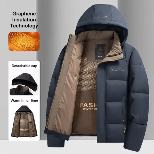 Mens Graphene Winter Jacket Warm Windproof Hooded Outdoor Overcoat