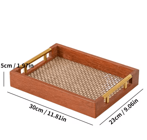Solid Wood Rectangular Serving Tray with Metal Handles Coffee Table and Kitchen Decor 17.7 by 11.8 in Brown