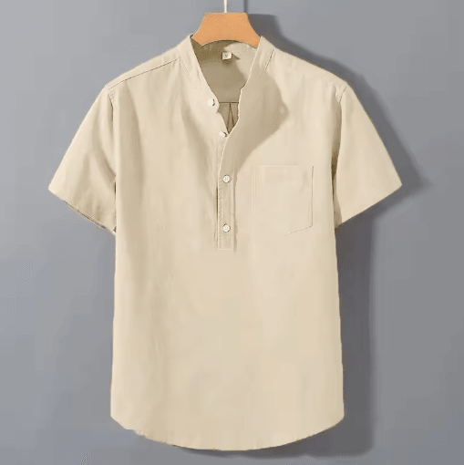 Mens Short Sleeve Stand Collar T Shirt Breathable Loose Cotton Summer Top with Pocket