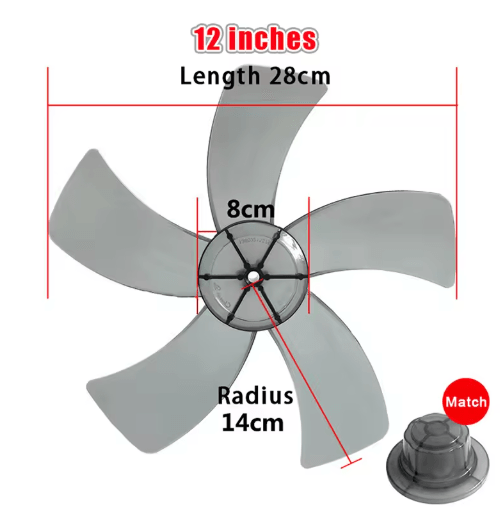 12 Inch Plastic Fan Blade Five Leaf Replacement with Nut Cover for Pedestal and Table Fans