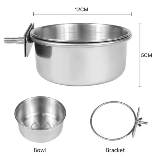 Stainless Steel Pet Food Dish with Clamp Hanging Feeding Bowl for Birds and Small Animals 10 to 14 cm