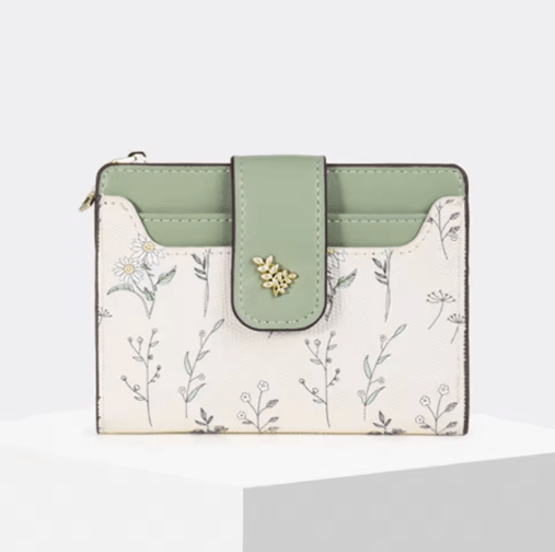 Womens PU Leather Wallet Flower Printed Short Slim Coin Purse with Card Holder