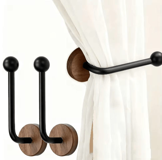 2 Pack Modern Adhesive Curtain Holdbacks No Drill Wall Mounted Tiebacks with Walnut Wood Base