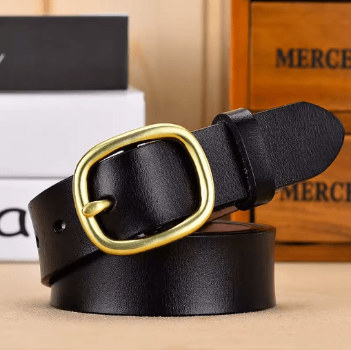 DINISITON Womens Genuine Leather Belt Vintage Gold Pin Buckle Strap for Jeans and Dresses