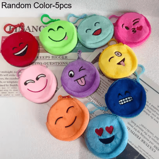 Cartoon Plush Coin Purses (5-Pack) – Zippered Mini Wallets with Cute Expressions & Keychain