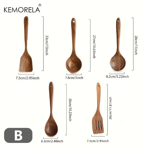Thailand Teak Wooden Cooking Utensils Set 5-Piece Natural Wooden Kitchen Tools