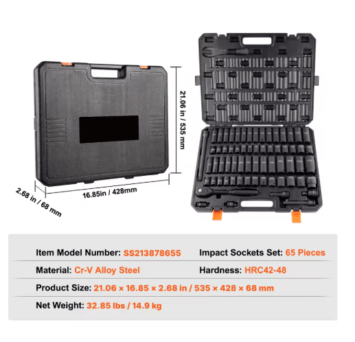 SucceBuy 1/2" Drive Impact Socket Set - 6-Point Cr-V Alloy Steel