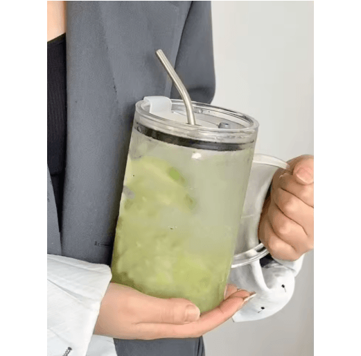1000 ml Large Glass Tumbler with Lid and Straw Transparent Coffee Juice and Milk Mug