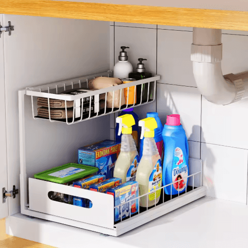 2 Tier Under Sink Organizer with Sliding Pull Out Cabinet Drawers
