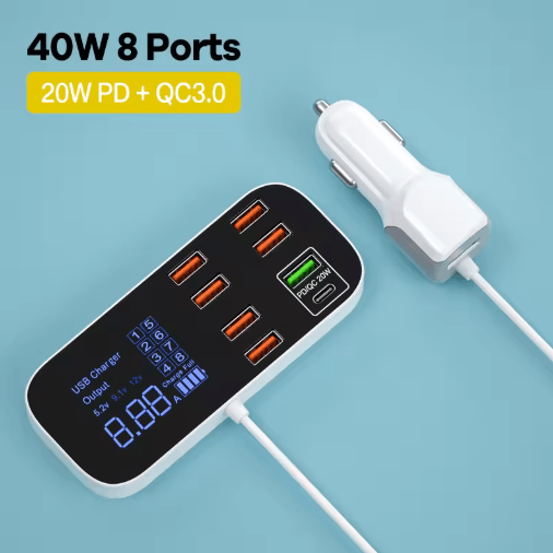40W 8 Port USB Car Charger with QC3.0, PD Type C & LED Display