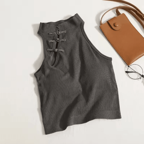 Vintage Corset Crop Top Sleeveless Button Camisole with Built-In Bra