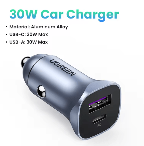 UGREEN 24W Dual Port Car Charger – Fast Car Charger with QC 4.0 & USB-C Fast Charging for iPhone, Samsung & Android