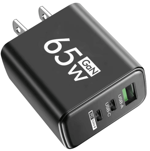 65W GaN 3 Port Fast Wall Charger with PD USB-C and Quick Charge 3.0