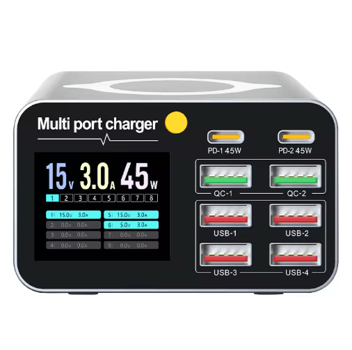 120W 8 Port USB-C Desktop Charging Station with Wireless Charger and Digital Display