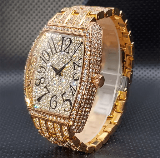 Luxury Iced Out Tonneau Stainless Steel Quartz Watch for Men