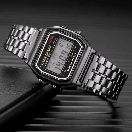 Luxury Gold Silver Retro LED Digital Sports Watch with Steel Band