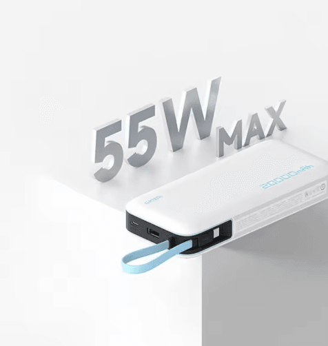 CUKTECH 20000mAh 55W USB C Power Bank with Built-In Cable – Two-Way Fast Charging