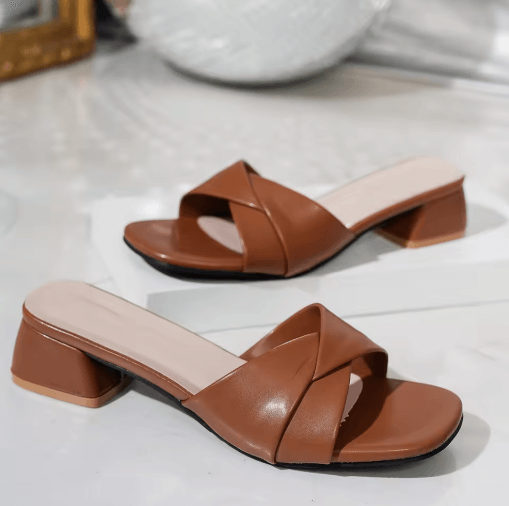 2025 Open Toe Square Heel Leather Slide Slippers Candy Color Summer Sandals