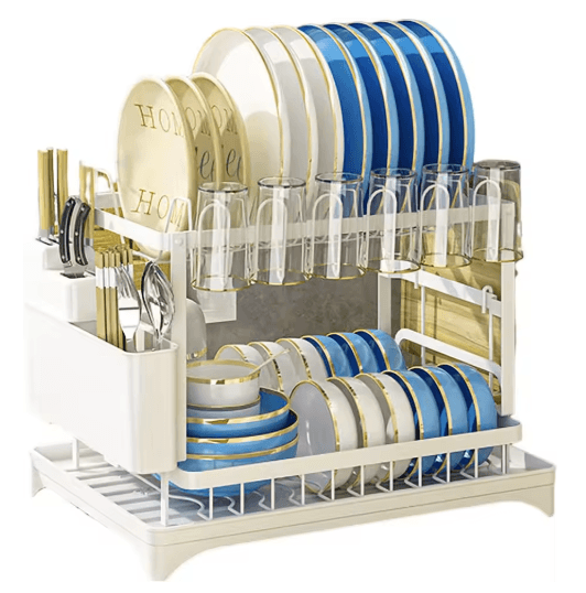 2 Tier Kitchen Countertop Dish Drying Rack with Drip Tray Metal Space Saving Dish Drainer