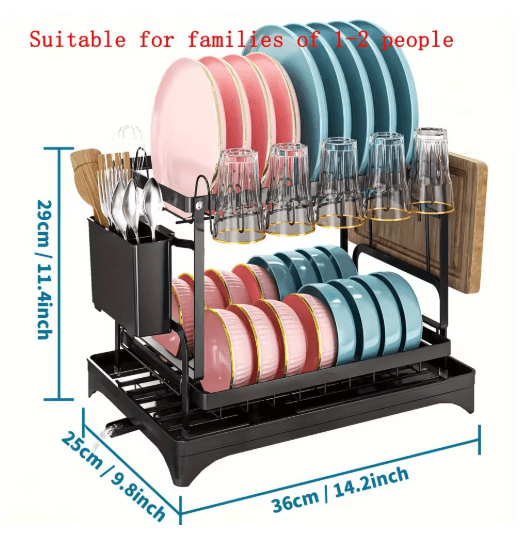 2 Tier Large Stainless Steel Dish Drying Rack with Drainboard Kitchen Counter Dish & Cup Drainer