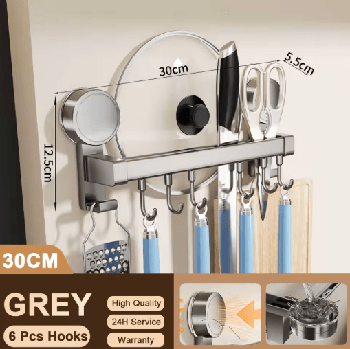 Wall Mounted Kitchen Hook Rack No Drill Utensil Hanger Rail with Chopping Board Holder