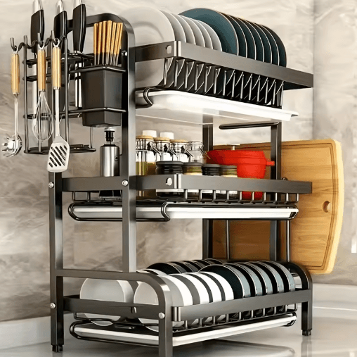 3 Tier Kitchen Countertop Dish Rack with Large Capacity Drainer