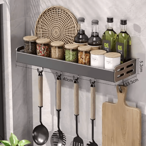 Wall Mount Utensil Holder Multifunctional Spice Organizer Shelf with Hooks