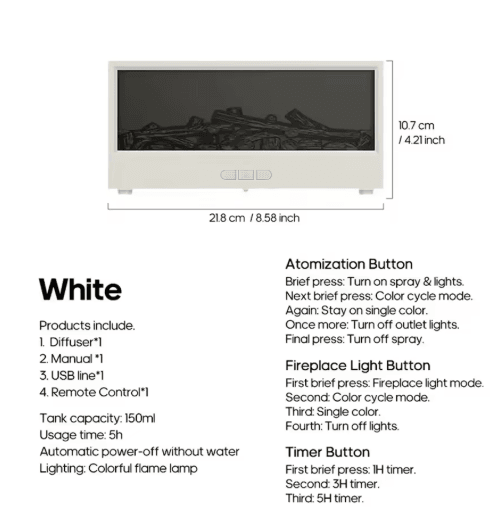 FlameMist USB Fireplace Humidifier Diffuser LED Flame Aroma Diffuser with Remote Control and Timer