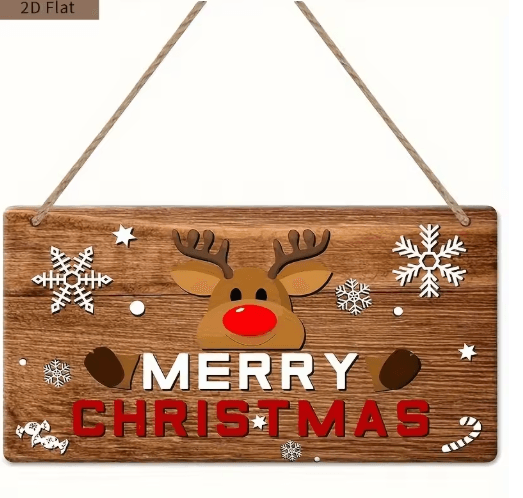 Rustic Merry Christmas Wooden Wall Sign with Reindeer & Snowflakes